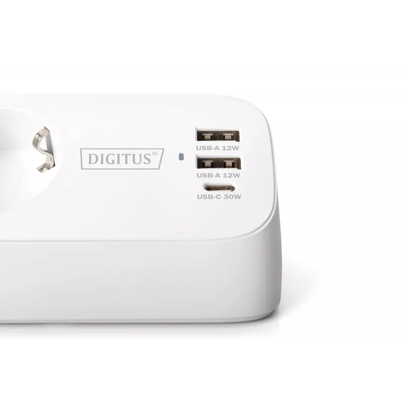 Extensão elétrica DIGITUS 3 tomadas com 2×USB-A e 1×USB-C, 3 tomadas AC tipo E/F, cabo de 1,5 m, branco