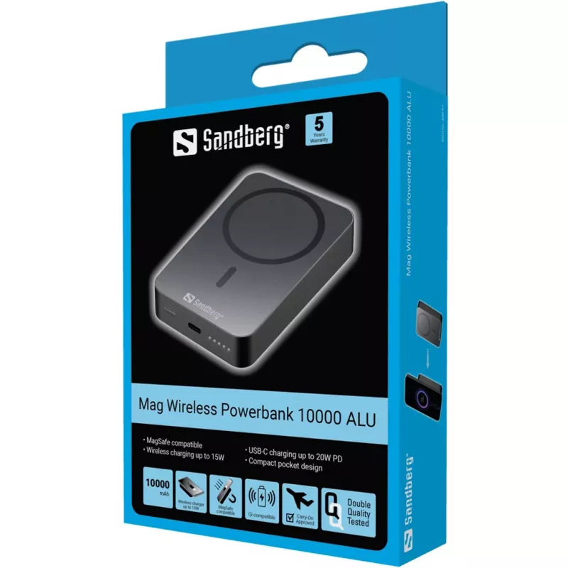Carregador portátil Sandberg Mag Wireless Powerbank 10000 ALU, 10000 mAh