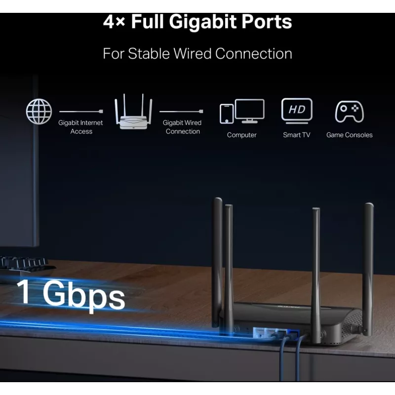 Router de mesa MERCUSYS MR25BE EasyMesh Wi‑Fi 7 Dual‑Band 2,4/5 GHz, 3600 Mbit/s, 3× Gigabit-LAN, 4 antenas externas