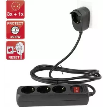 Régua de tomadas REV 3+1 tomadas com interruptor, cabo de 2 m, preto