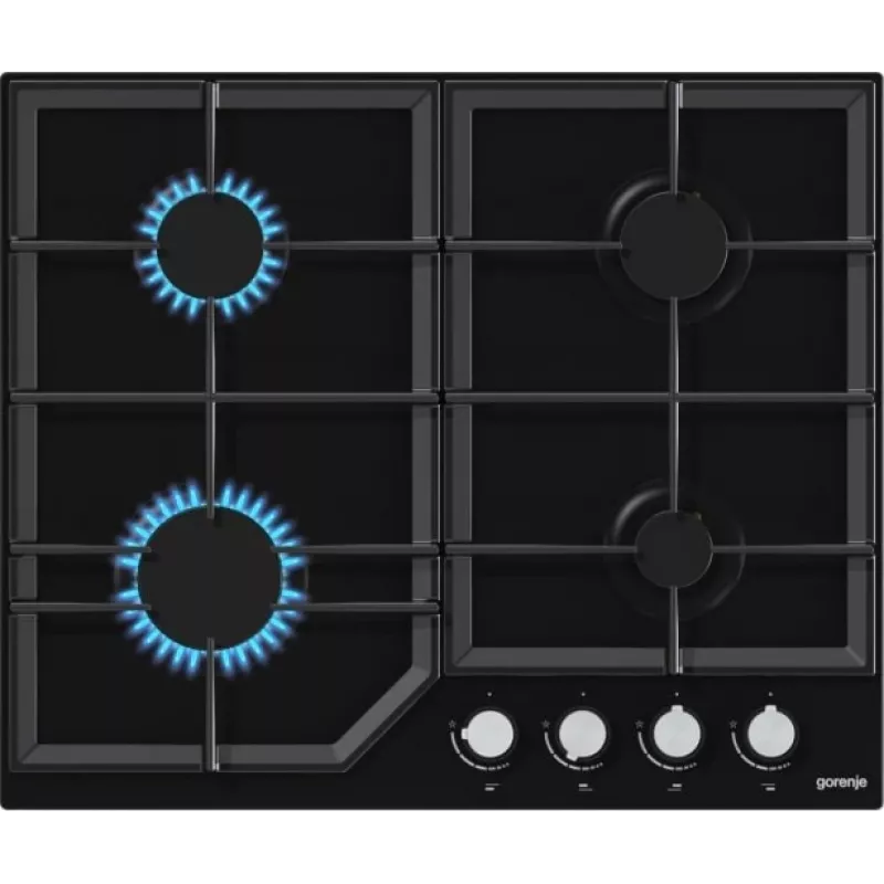 Fogão a gás Gorenje GT641KB, encastrar 60 cm, 4 zonas a gás, vidro temperado, grelhas de ferro fundido, botões rotativos