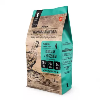 Comida seca para gatos wiejskazagroda frango com salmão 1,6 kg — júnior, 44 % proteína, 18 % gordura, sem glúten e sem açúcar