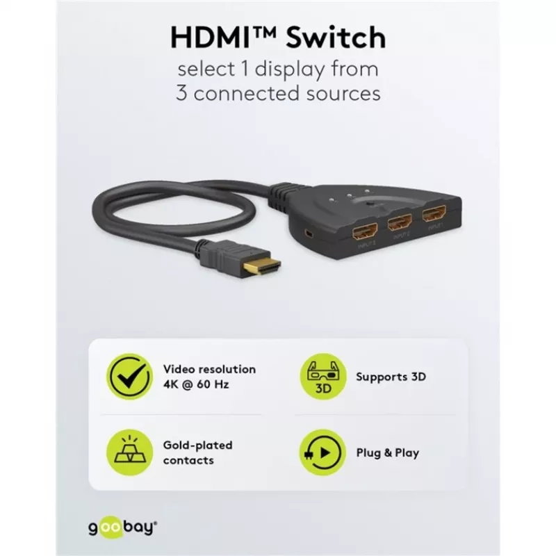 Caixa de comutação HDMI 3 para 1 (4K @ 60Hz), comutador HDMI (preto, cabo de 55cm)