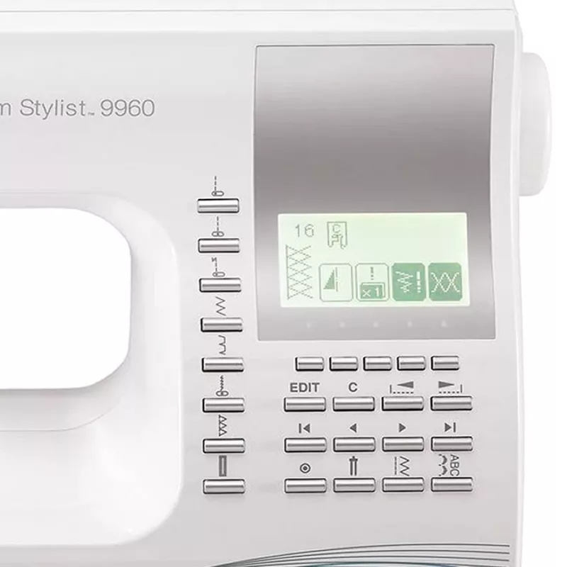 Máquina de costura SINGER Quantum Stylist 9960 — 600 pontos, 13 programas automáticos de casa de botão, sistema de braço livre