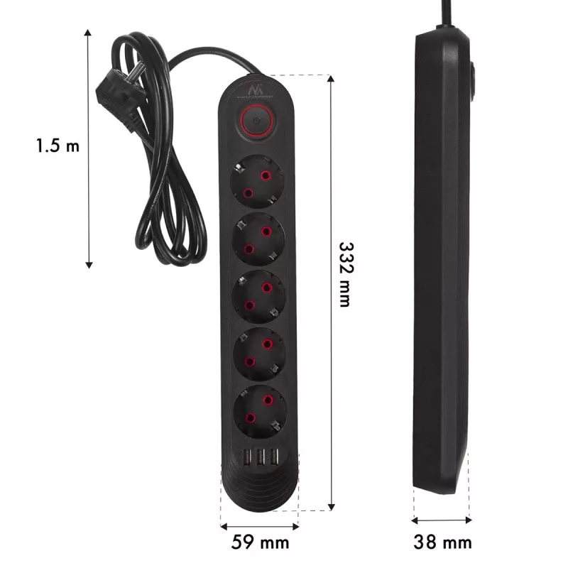 Extensão elétrica MACLEAN MCE395 B — 5 tomadas, 3×USB, 110–240V AC, 2,1A USB, 2500W, cabo de 1,5 m, preto