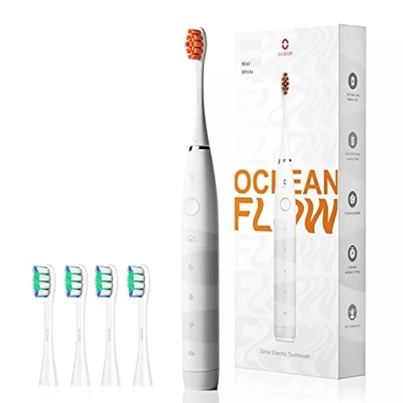 Escova de dentes sónica OCLEAN FLOW adultos — a pilhas, modo branqueador, temporizador integrado, velocidade ajustável, 255 mm de altura, branca, 0,13 kg, 1 cabo + 1 cabeça de escova