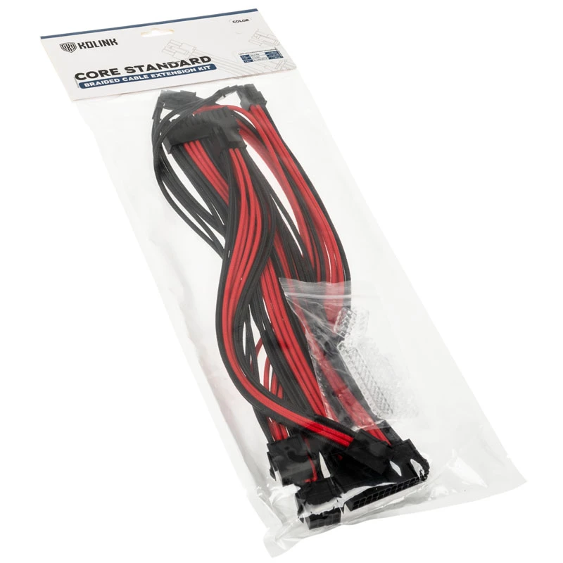 Kit de extensão de cabos trançados Kolink Core Standard – preto profundo / vermelho racing, 24 pinos + 8 pinos + 6+2 pinos + SATA