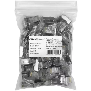 Ficha modular RJ45 QOLTEC 54556 CAT6 FTP, prateado, 18×22×11 mm, pack de 100