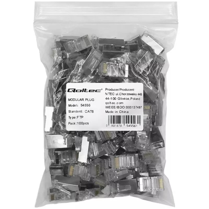 Ficha modular RJ45 QOLTEC 54556 CAT6 FTP, prateado, 18×22×11 mm, pack de 100