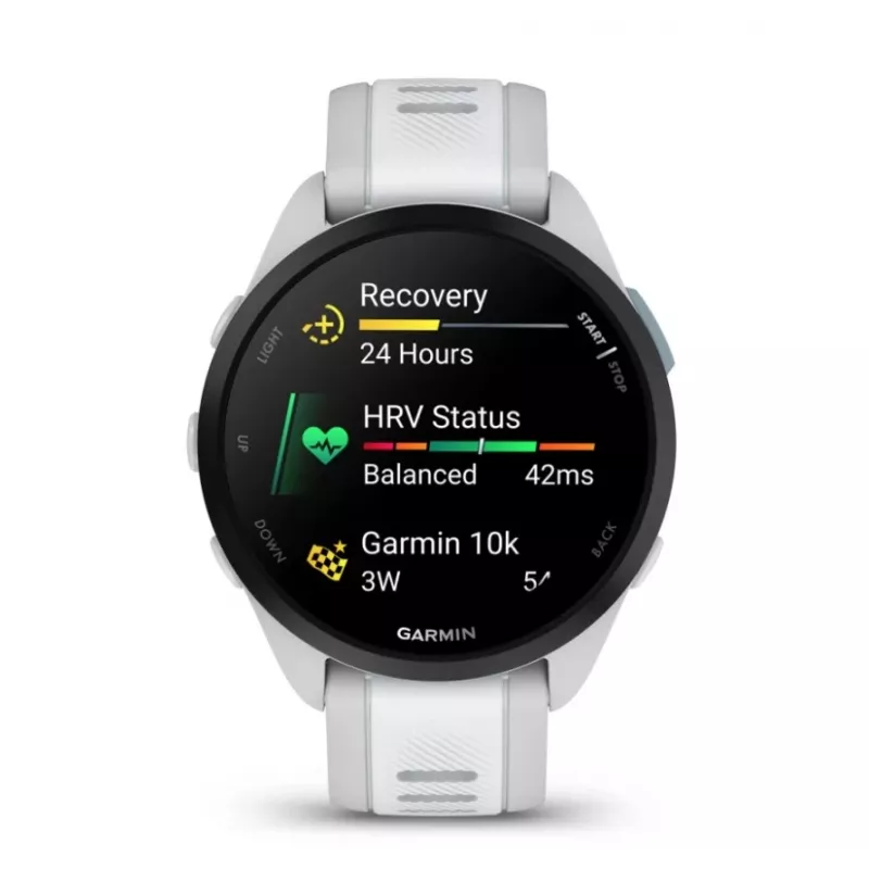 Smartwatch GARMIN Forerunner 165 — GPS, AMOLED 1,2 polegadas, 4 GB, 5 ATM, 11 dias de bateria, Caixa cinzenta, Bracelete branca