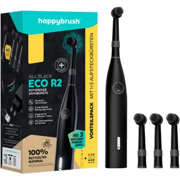 happybrush ECO R2 Allblack, adulto, escova de dentes vibratória, limpeza profunda, polir, sensível, 8800 movimentos por minuto, preto, Alemanha