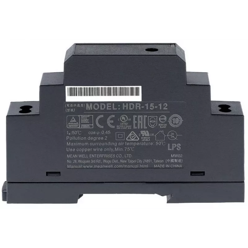 Meanwell MW HDR-15-24 – Fonte de alimentação de comutação para calha DIN 15,2 W 24 V 0,63 A