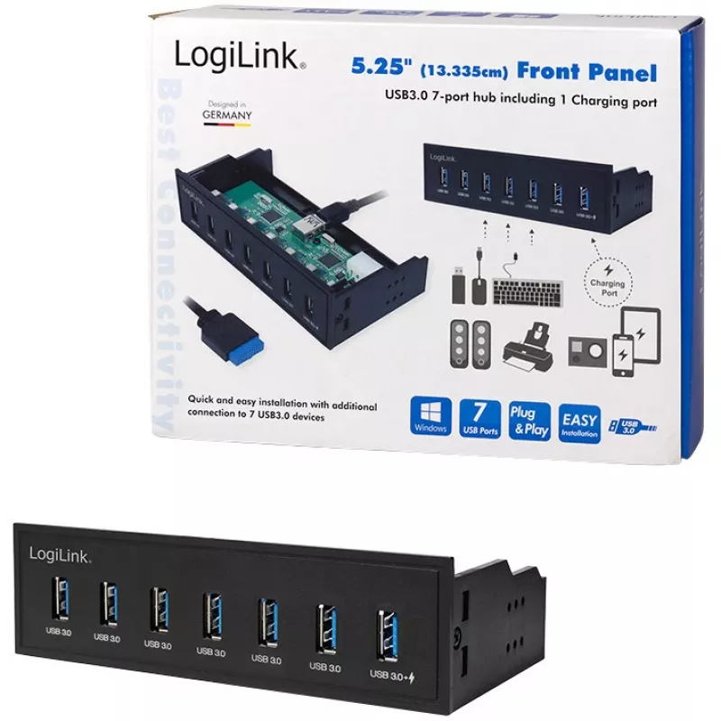Hub USB 3.0 LogiLink, 7 portas 5,25 polegadas interno, com função de carregamento rápido - Hub - 6 x SuperSpeed USB 3.0 + 1 x SuperSpeed USB 3.0 (carregamento)