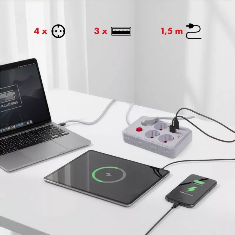 Extensão elétrica MACLEAN MCE392 W — 4 tomadas F, 3×USB A, 110–240 V, 2,1 A máx, 2500 W, cabo de 1,5 m, branco