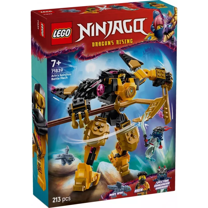 Conjunto de construção LEGO NINJAGO 71839 Arins Spinjitzu Mech de combate, 213 peças, 2 minifiguras, altura 160 mm