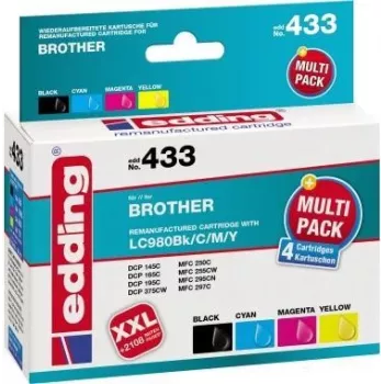 Cartuchos de tinta edding EDD-433 preto, ciano, magenta, amarelo compatíveis com brother LC-980BK/C/M/