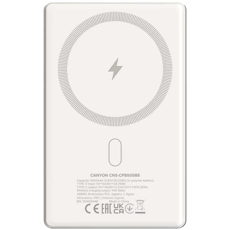 Canyon OnPower 505 - powerbank - 5.000 mAh - entrada USB-C - saída USB-C PD 20W + Wireless Magnet 1