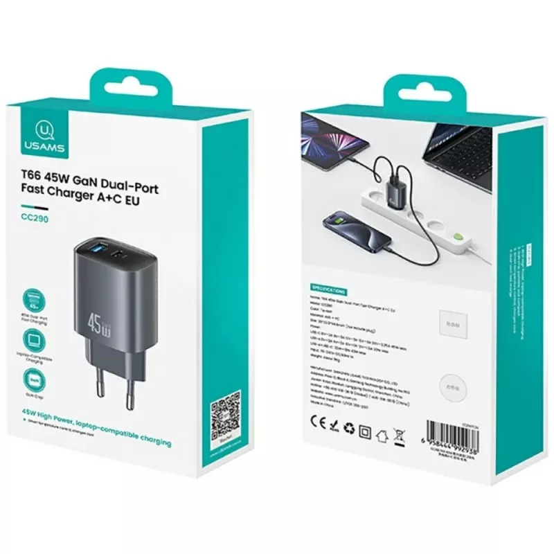 Carregador T66 45W GaN CC290 USB-A + USB-C