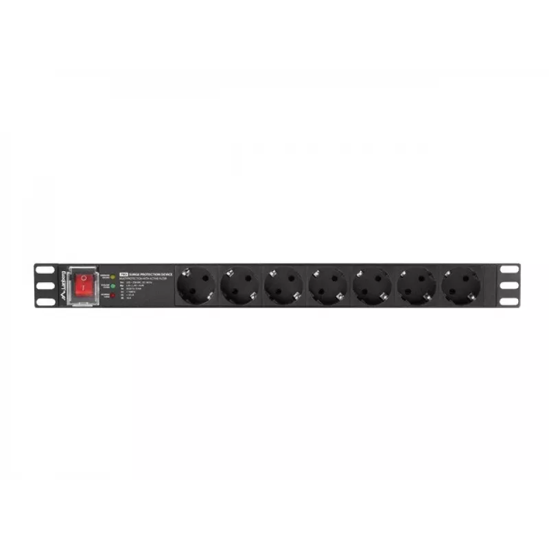 Unidade de distribuição de energia LANBERG PDU-PRO-07F-0200-BK — PDU de rack 1U, 7 tomadas Type-F, 16 A, cabo de 2 m, preto