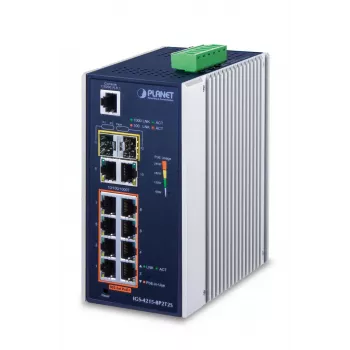Switch gerido PLANET IGS-4215-8P2T2S — 10x Gigabit RJ-45, 2x SFP, 8x PoE+ (240W), 48–56V DC, L2/L4, IP30, montagem em calha DIN/parede