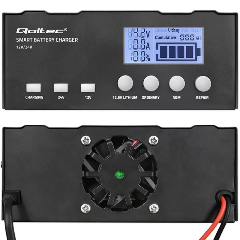 Carregador de baterias QOLTEC 52491 microprocessador 12V/12,6V/24V com LCD
