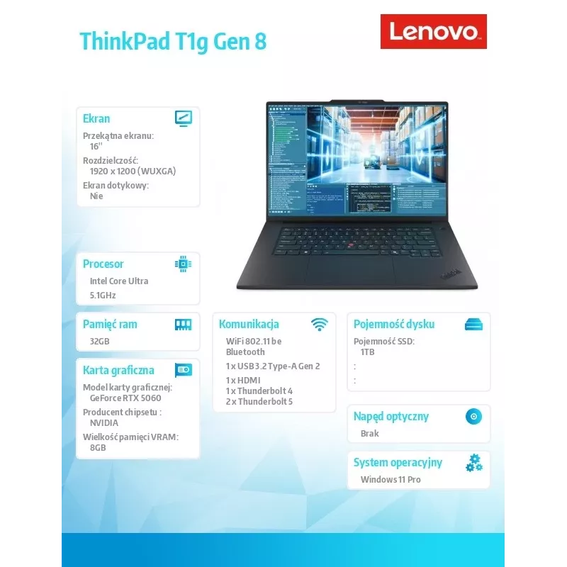 Ultrabook Lenovo ThinkPad T1G G8 CPU 255H, 32 GB RAM, 1 TB SSD, NVIDIA RTX 5080 8 GB, 16,0 polegadas WUXGA, Windows 11 Pro