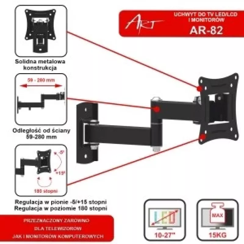 Suporte para TV LCD/LED 10-27 15KG AR-82 ajuste vertical/horizontal 28cm