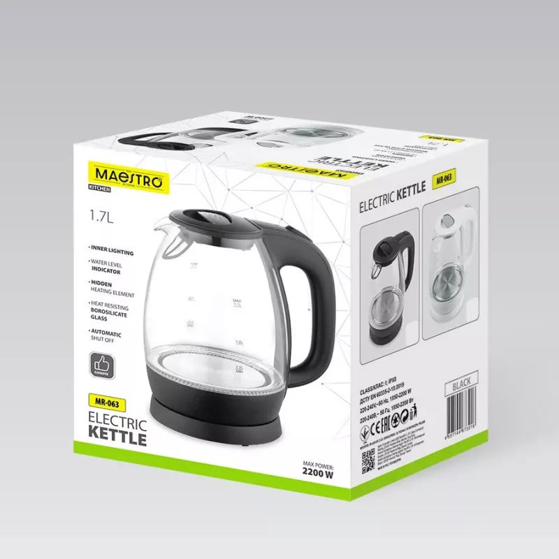 Chaleira elétrica de vidro Maestro MR-063-preta, 2200 W, corpo de vidro, base sem fios