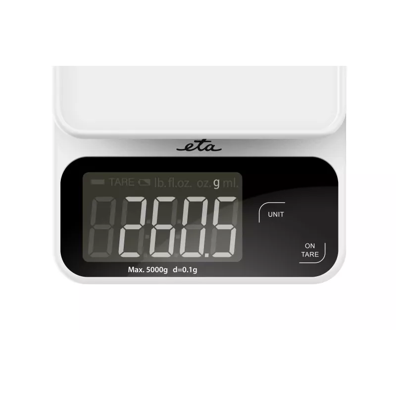 Balança de cozinha eletrónica ETA POPI branca — máx. 5 kg, precisão 1 g, visor LCD, pilhas AAA