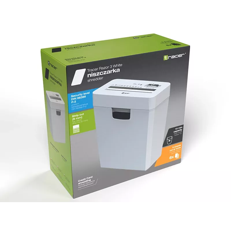 Destruidora de documentos TRACER Tracer 47584 — corte cruzado de 6 mm, até 5–6 folhas, depósito de 10 L, branca