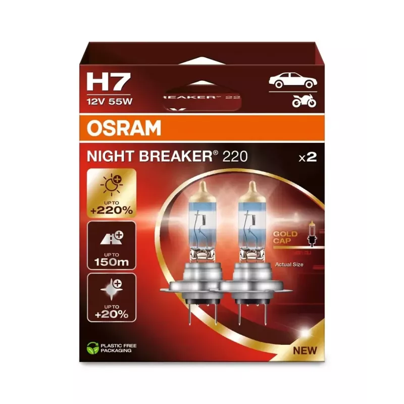 Lâmpada de farol de halogéneo osram H7 NIGHT BREAKER 220 — embalagem dupla (modelo 64210NB220-2HB)