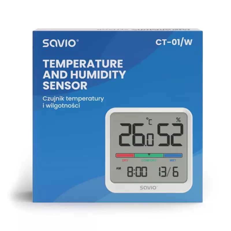Sensor de temperatura e humidade interior SAVIO CT-01/W, ecrã LCD, -10–55 °C, 10–99 % HR, pilha CR2032