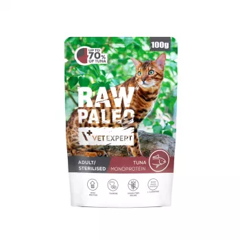 Alimento húmido para gatos VETEXPERT Raw Paleo Adult Sterilised Atum 100 g saqueta, proteína 10,3%, gordura 4%, humidade 77%