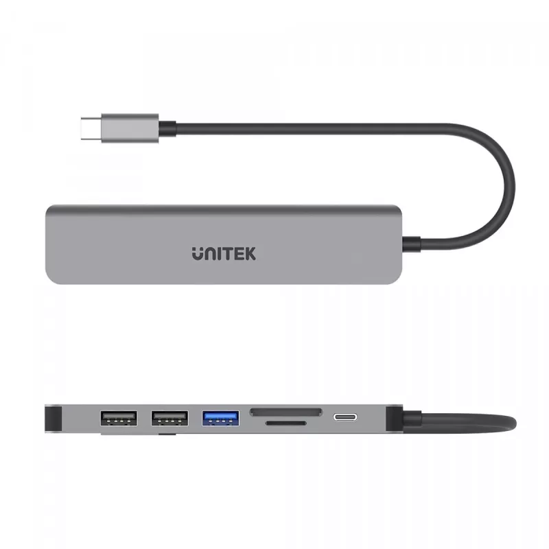 Hub USB-C Unitek 7 em 1 alumínio PD 100W 5 Gbps — adaptador multiporta com Power Delivery