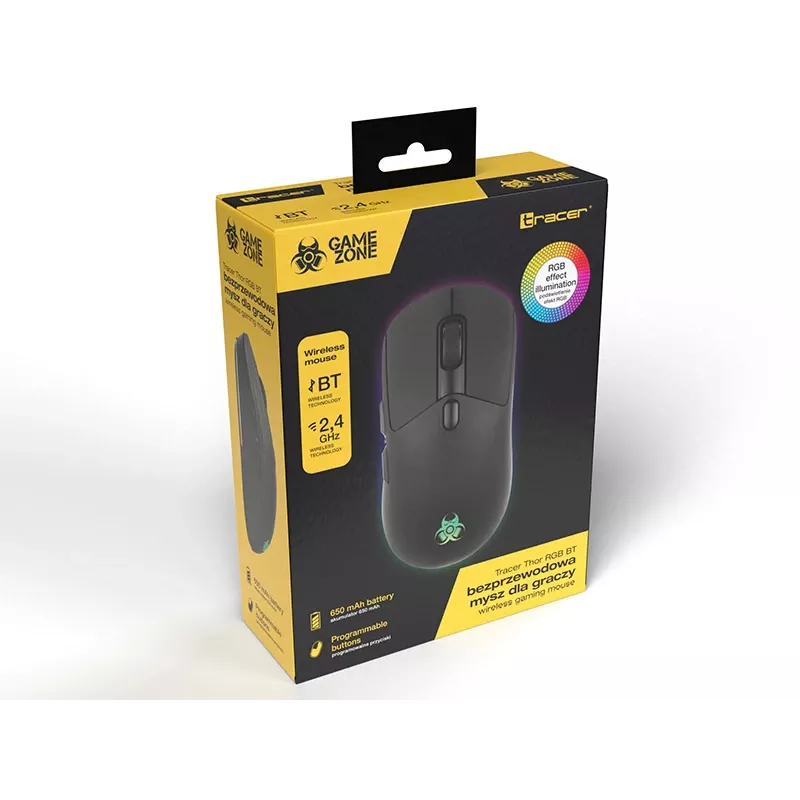 Tracer GameZone Thor RGB rato gaming sem fios, 2,4 GHz + Bluetooth, 10000 DPI, preto