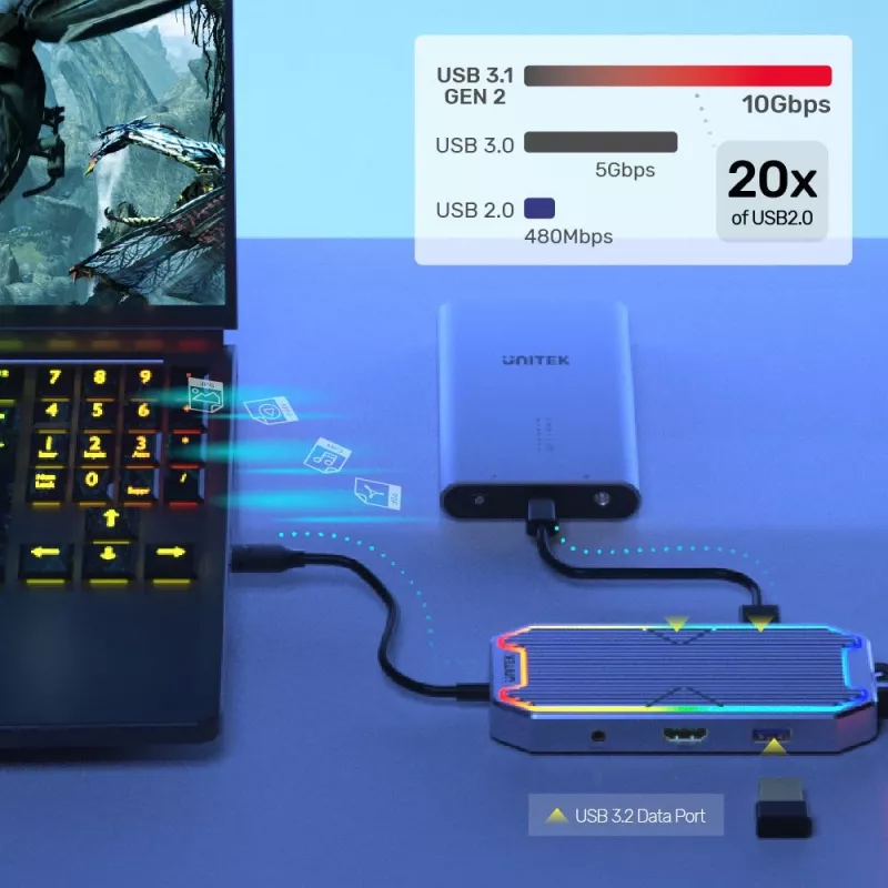 Unitek uHUB S7+ D1029A hub USB-C, USB 3.2 Gen 2 10 Gbps, HDMI 2.0, Gigabit RJ45, áudio de 3,5 mm, 100 W, cinzento