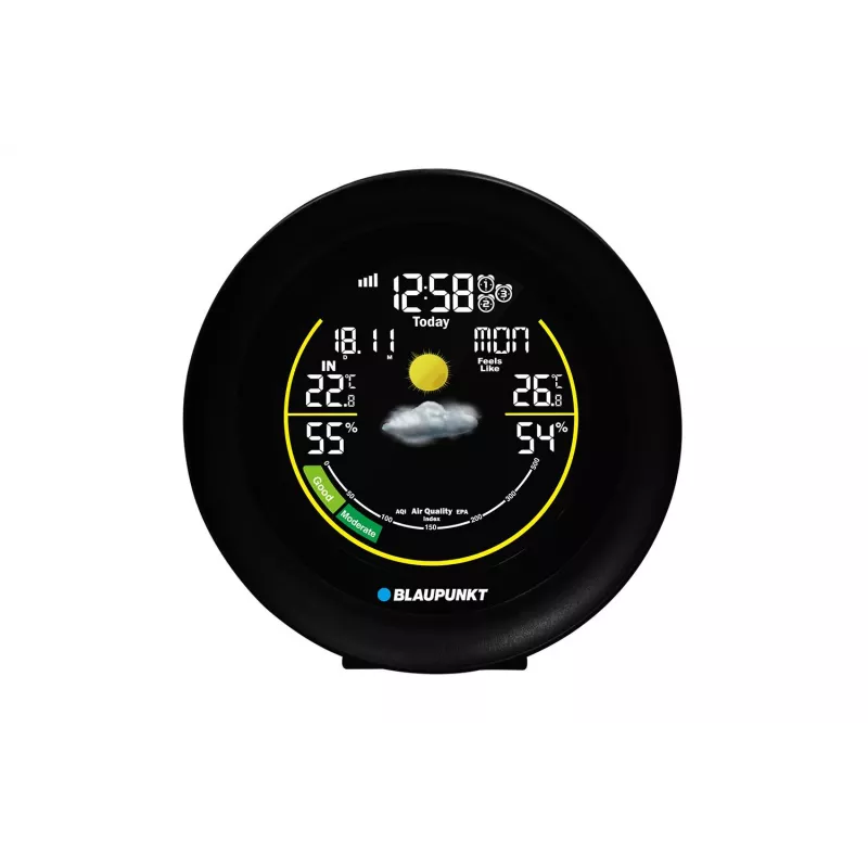 Estação meteorológica BLAUPUNKT WS35BK APP – ecrã LCD, temperatura e humidade, alarme, calendário, conectividade por app, 94×94×27 mm