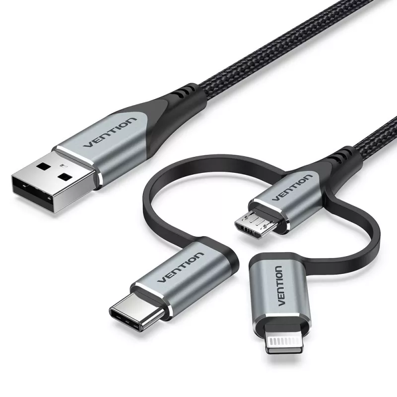 Cabo Vention USB 2.0 A macho para 3-em-1 Micro-B&USB-C&Lightning macho 1M cinzento liga de alumínio
