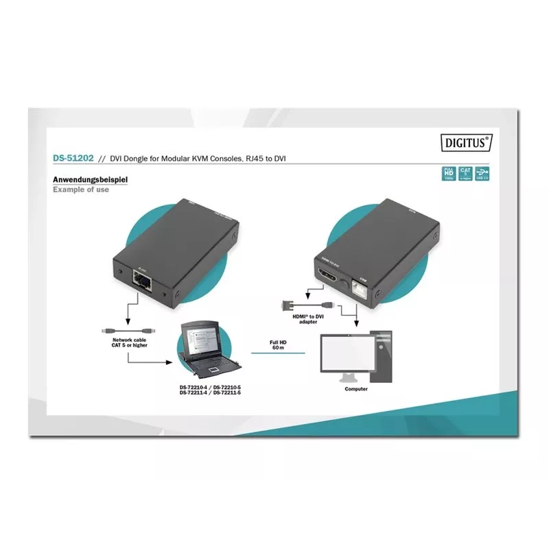 Dongle DVI Digitus para consolas KVM modulares RJ45 para DVI Preto 1080p