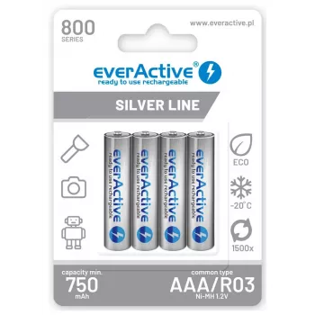 Pilhas recarregáveis AAA NiMH everActive EVHRL03-800 – 1,2 V, 4 unid., cilíndricas 44,5×10,5 mm