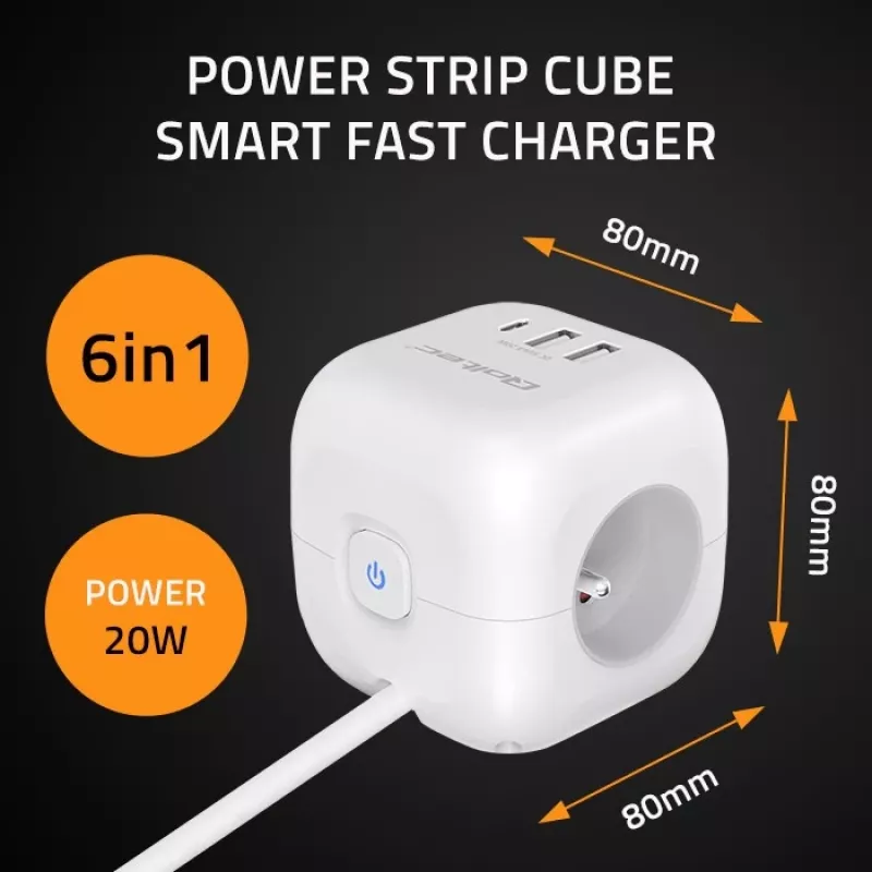 Power Cube QOLTEC 52547 Régua de tomadas 3×tomadas AC, 2×USB-A, 1×USB-C PD 20W