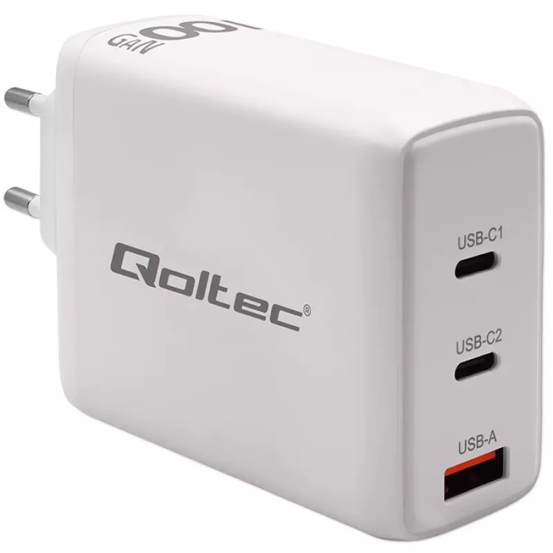 Carregador QOLTEC 100W GaN USB-C Dual PD 5–20V 1,5–5A, 2×USB-C