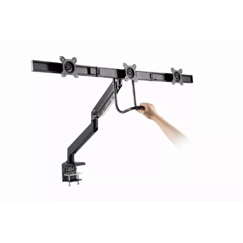 Suporte de monitor de secretária GEMBIRD MA-DA3-03, 3 braços, mola a gás, VESA 75–100x100, suporta 3 ecrãs até 27 polegadas, máx. 18 kg, preto