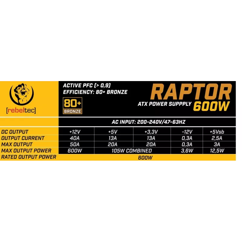 Fonte de alimentação RAPTOR 600W BRONZE 80+, Single Rail, DC-DC