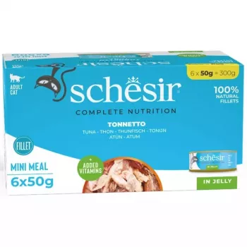 Alimento húmido para gatos Agras Pet Foods Schesir Atum em Gelatina 6×50 g (300 g), Monoproteico, gatos adultos, sem soja e sem glúten