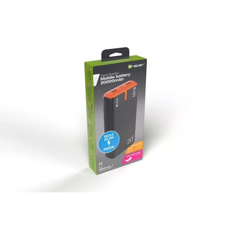 Carregador portátil TRACER EnerGen 20000 mAh, Power Delivery 20W, entrada USB-C, 2 saídas USB-A, suporte para 3 dispositivos, laranja
