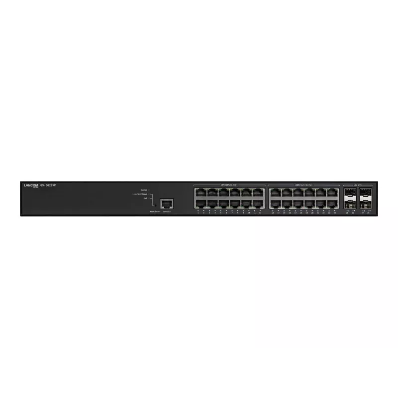 Switch gerido LANCOM GS-3628XP, 24× portas 2,5G RJ-45, PoE, L2/L3, montagem em rack 1U