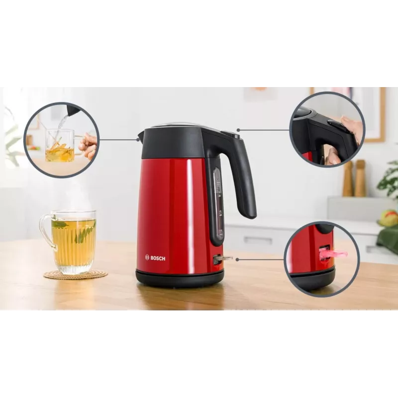 Chaleira elétrica Bosch TWK7L464 – capacidade de 1,7 L, 2400 W, vermelha, caixa em plástico