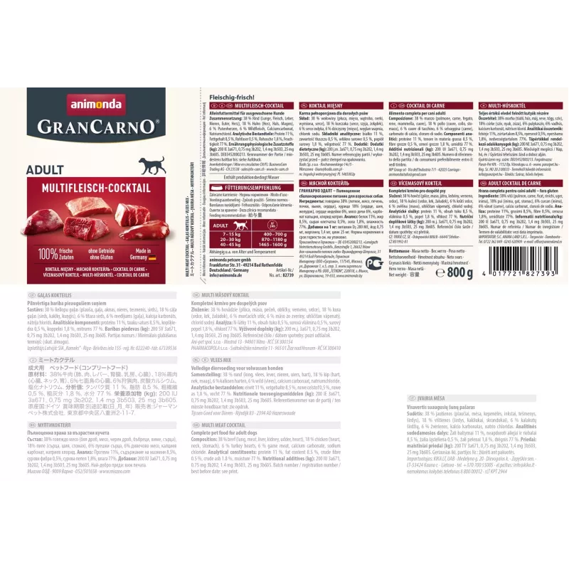 Comida húmida para cães Animonda GranCarno Multi Meat Cocktail 800 g — vaca, frango, caça, coração, peru, adulto