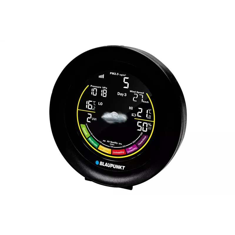 Estação meteorológica BLAUPUNKT WS35BK APP – ecrã LCD, temperatura e humidade, alarme, calendário, conectividade por app, 94×94×27 mm